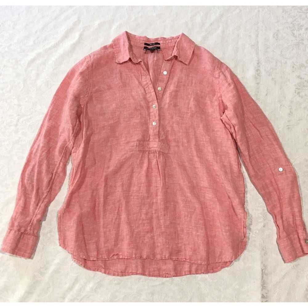 Jones & Co Womens Linen Top Size S Pearly Buttons Coral Pink Beachy Coastal
